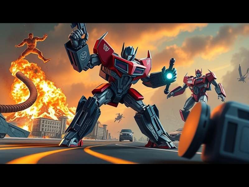 Collage of Transformers characters including Optimus Prime, Bumblebee, and Megatron in battle