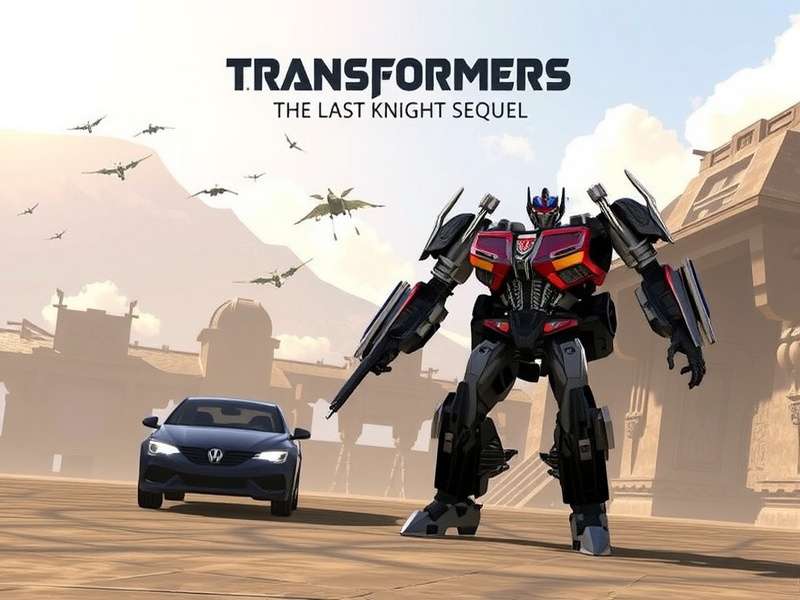 Concept art of a futuristic city with a giant Transformer silhouette, hinting at the sequel's scale