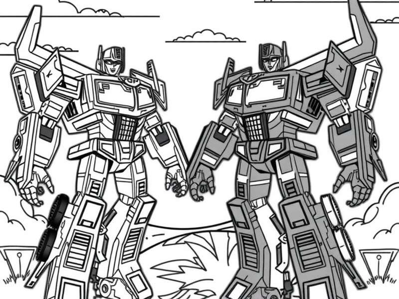 Transformers Coloring Pages featuring Optimus Prime, Bumblebee, and Megatron in a dynamic battle scene